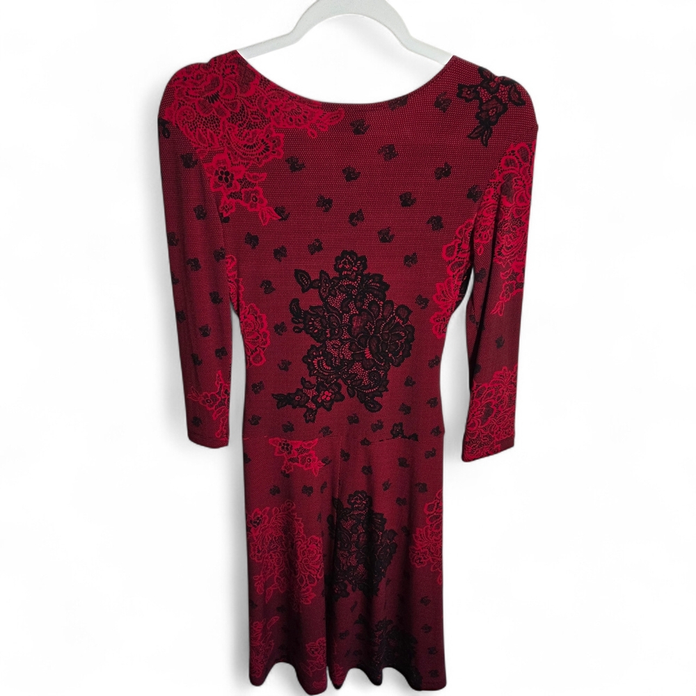 Enfocus Studio Red Black Floral Soft Stretch 3/4 Sleeve Midi Dress Size 4 - Picture 3 of 10